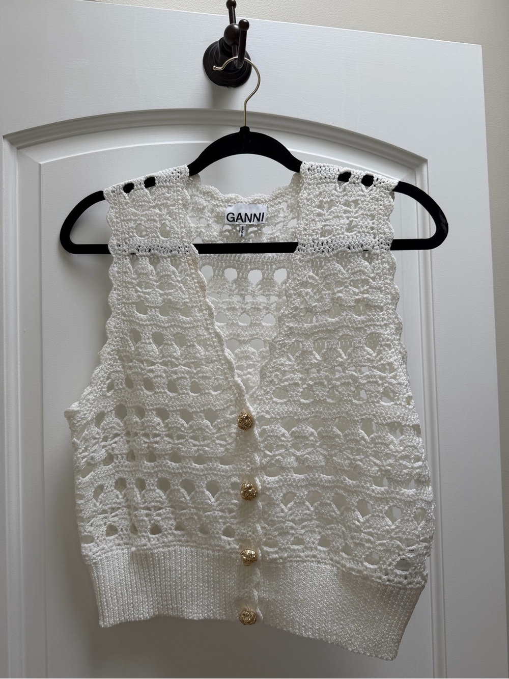 Ganni White Crochet Knit Button Vest with Gold Buttons